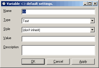 - Окно Variable default settings